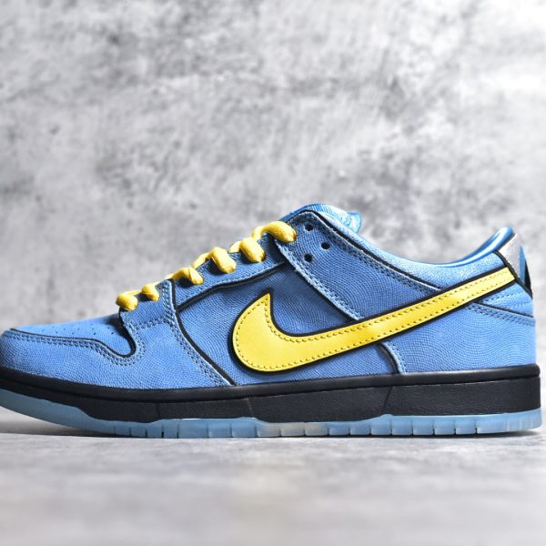 Outside view of Bubbles SB Dunks reps showing blue suede
