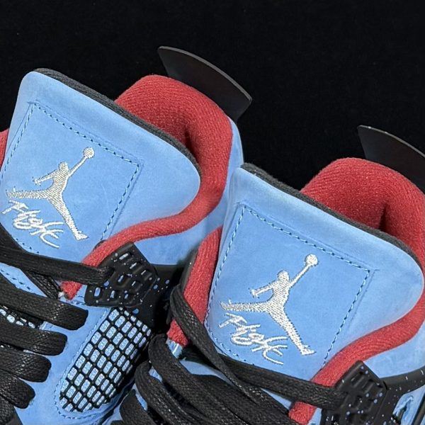 Close-up of tongue on Jordan 4 Travis Scott Reps with Jumpman and Flight logo