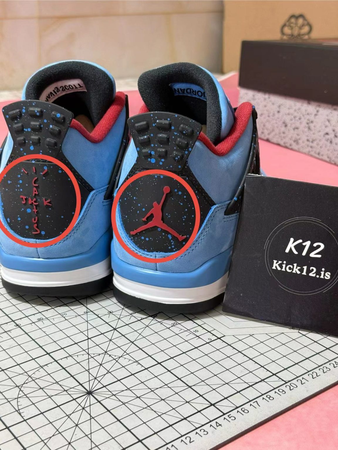 Accurate tongue and heel logo color and placement on Jordan 4 Travis Scott reps