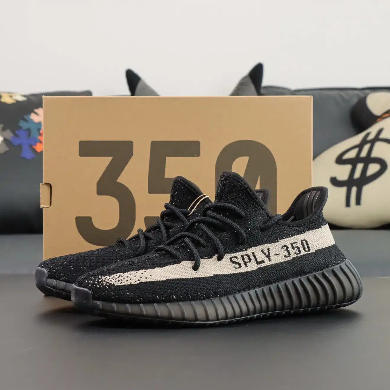 Yeezy 350 Core Black White reps with retail-style box