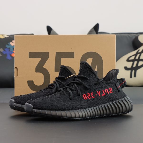 Yeezy 350 Bred reps with black Primeknit upper and shoebox