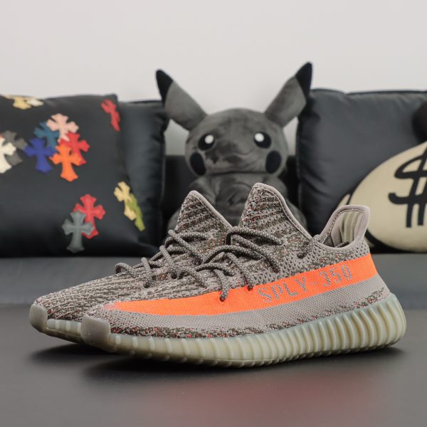 Both shoes side view of Yeezy 350 Beluga reps with reflective finish