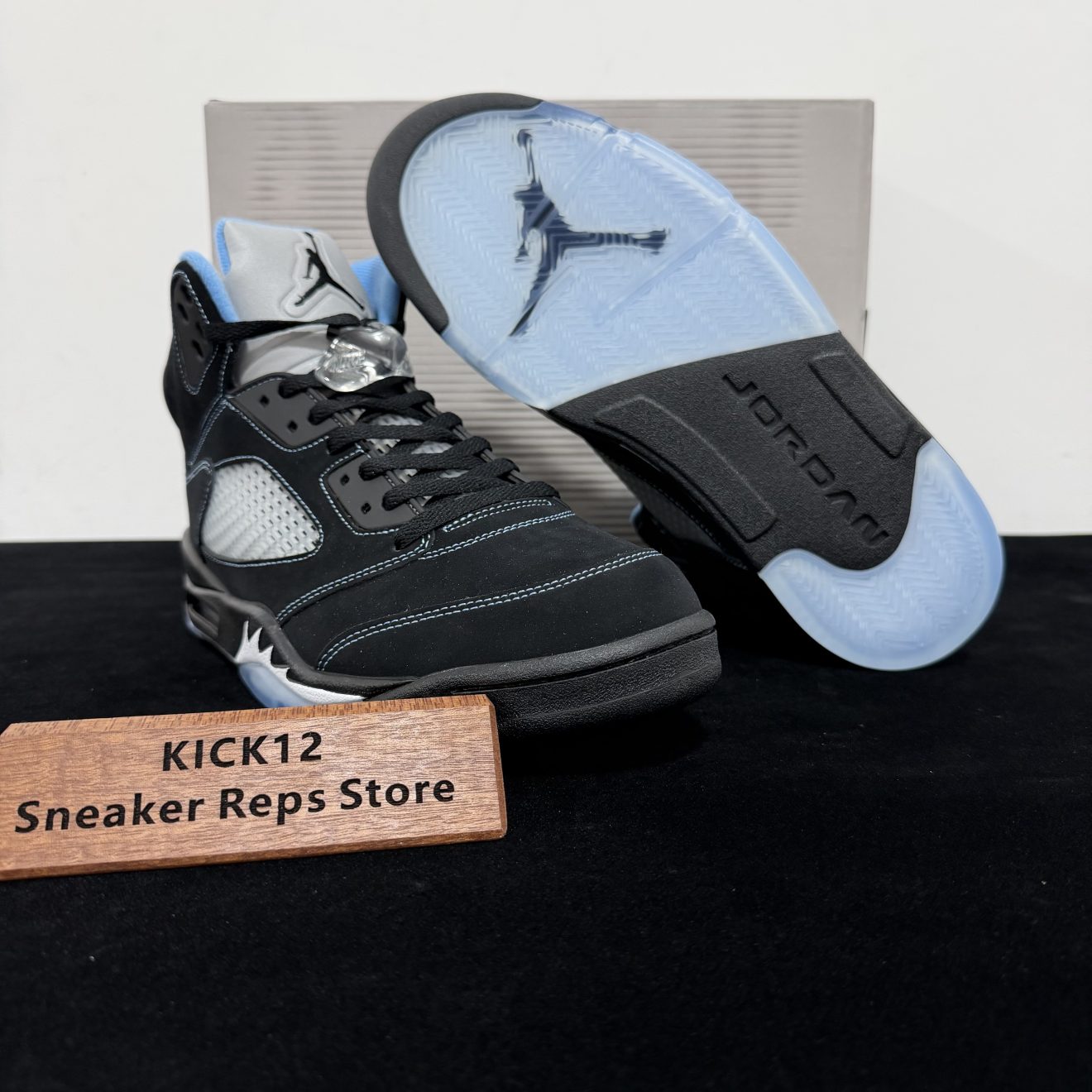 Outsole of Air Jordan 5 Black University Blue 2026 Reps with translucent traction pattern