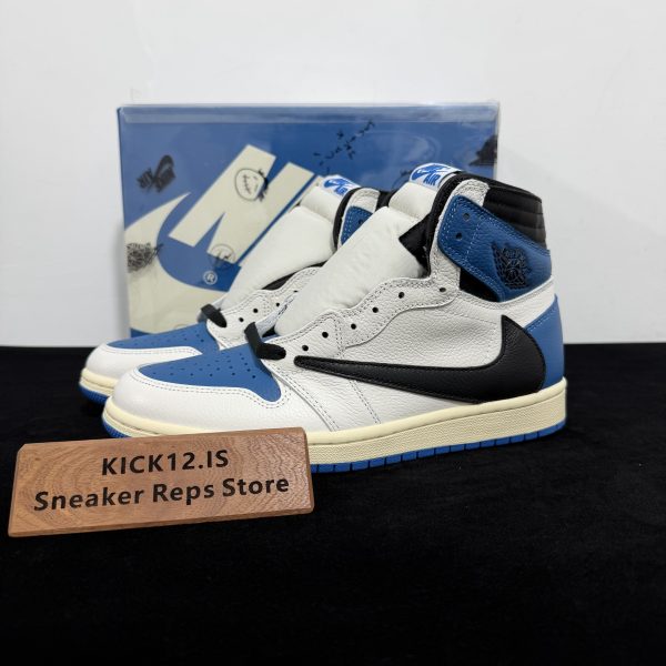 Travis Scott Fragment Jordan 1 High Reps with box displayed on table