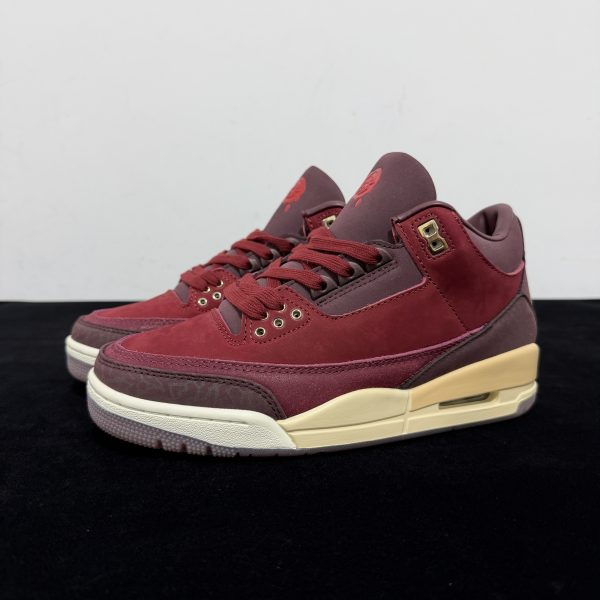Side view of Jordan 3 Bin 23 Reps showing burgundy suede upper