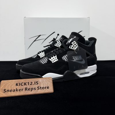 Jordan 4 White Thunder Reps with box displayed on table